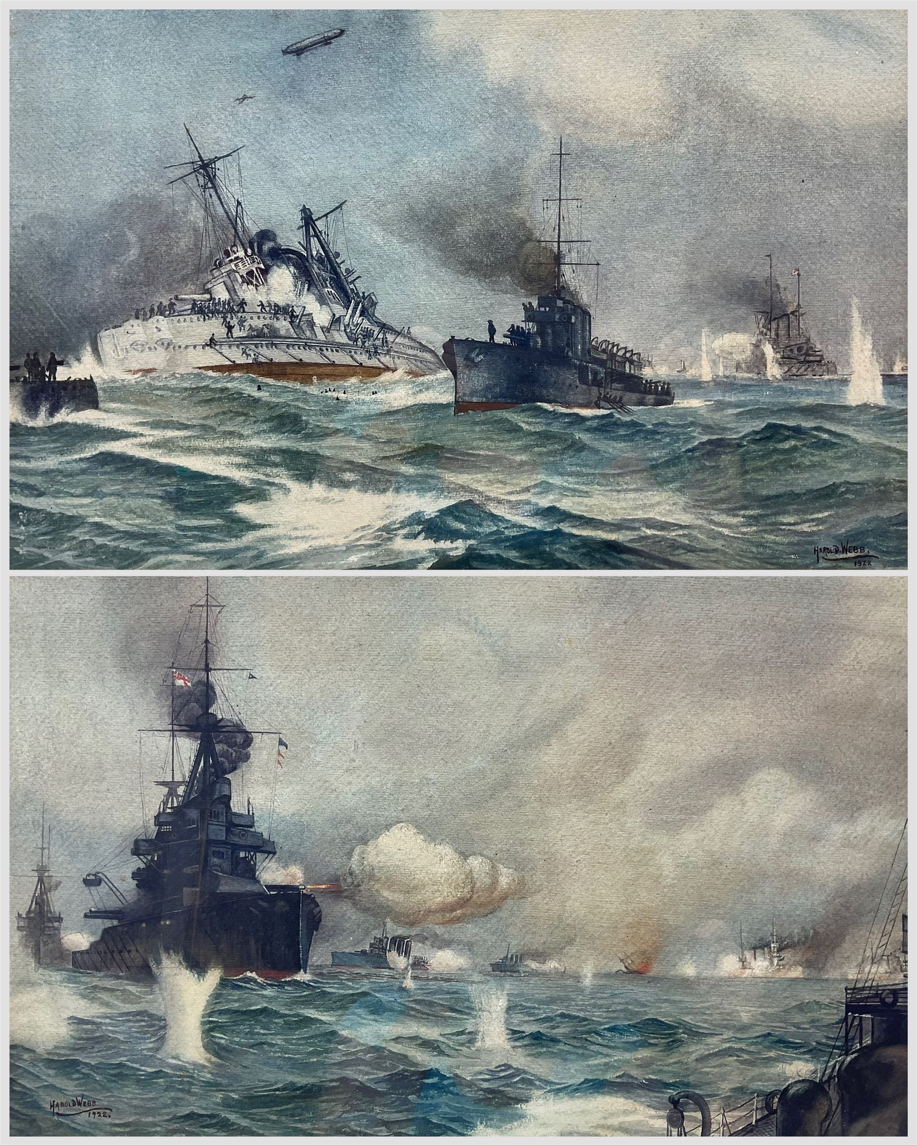 Harold Webb (British Early 20th century): Naval Battle Scene with Destroyer Warship, pair watercolours signed and dated 1922, 30cm x 49cm (2)