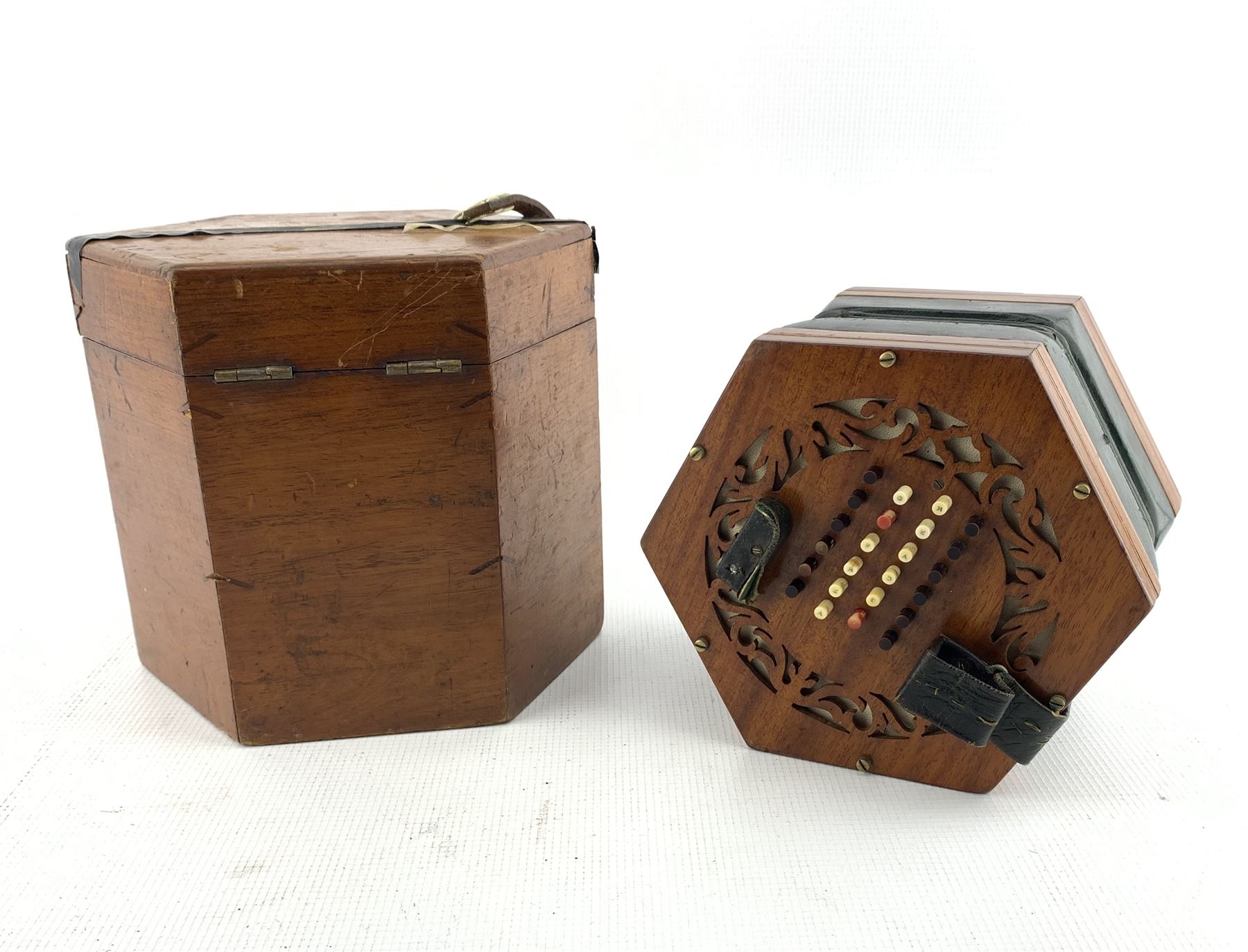 Late Victorian concertina by George Case for Boosey & Co with forty eight buttons in original box. This item has been registered for sale under Section 10 of the APHA Ivory Act