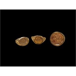 Three 9ct gold coin set signet rings, all hallmarked