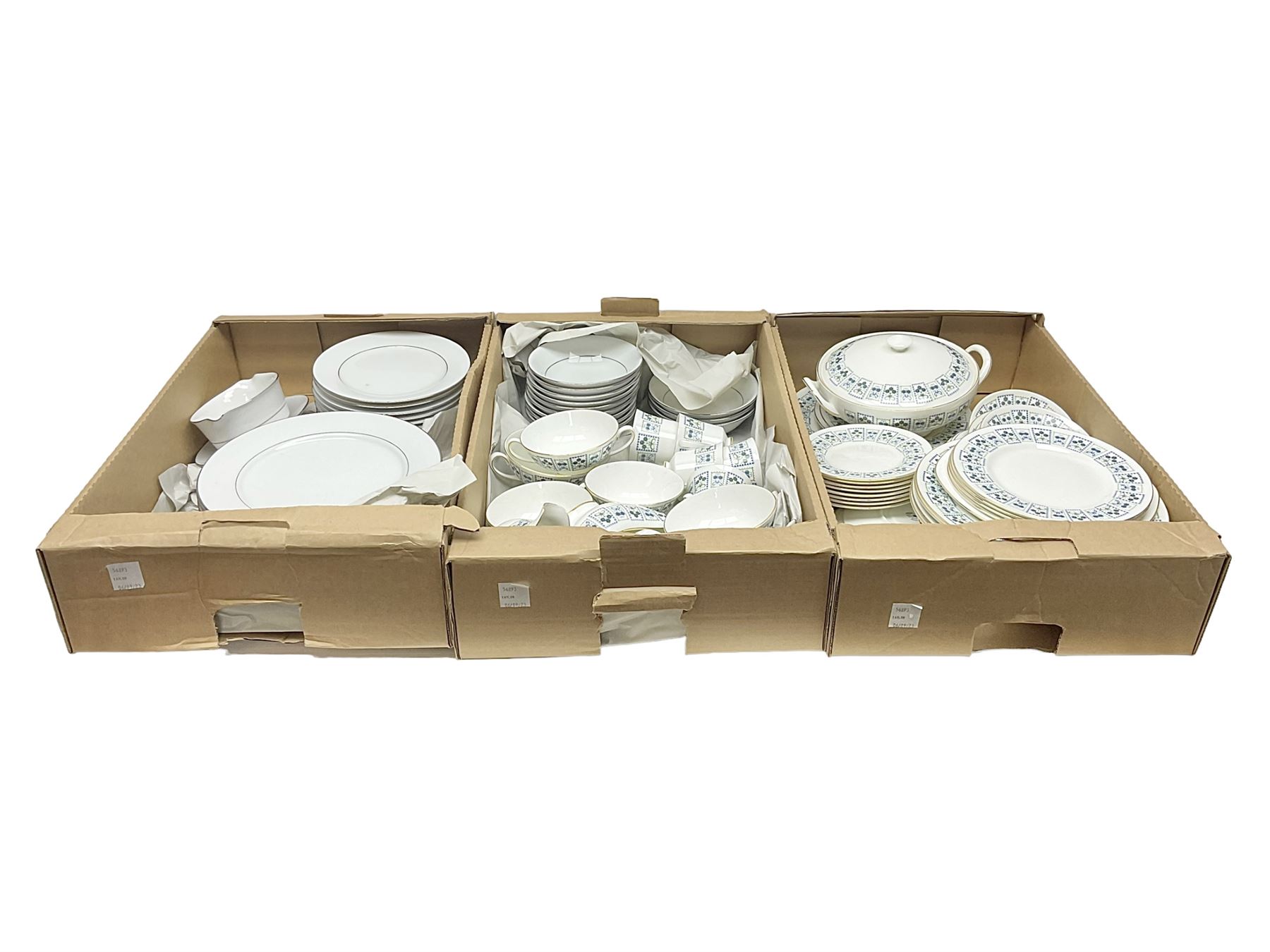 Royal Tuscan Tamarisk pattern tea and dinner wares, including teacups, saucers, twin handled tureen, dinner plates, side plates, etc, together with Noritake Legendary Regency pattern dinner wares, in three boxes 