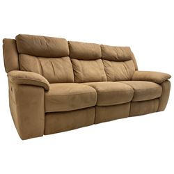 Electric reclining three-seat sofa (W213cm, H100cm) and matching armchair (W109cm) upholstered in brown fabric