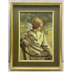 WJ Sargent (20th century): Lady at a Park Bench, oil on board signed 44cm x 30cm