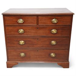 George III mahogany chest, rectangular top over two short and three long graduating cock-beaded drawers, on bracket feet