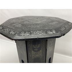 Anglo-Indian octagonal occasional table, with silvered inlay and a central panel depicting a temple scene, H36cm 