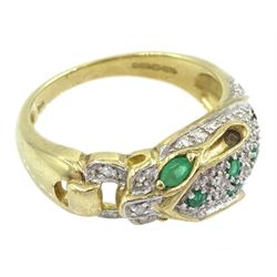 9ct gold emerald and pave set diamond leopard ring, hallmarked