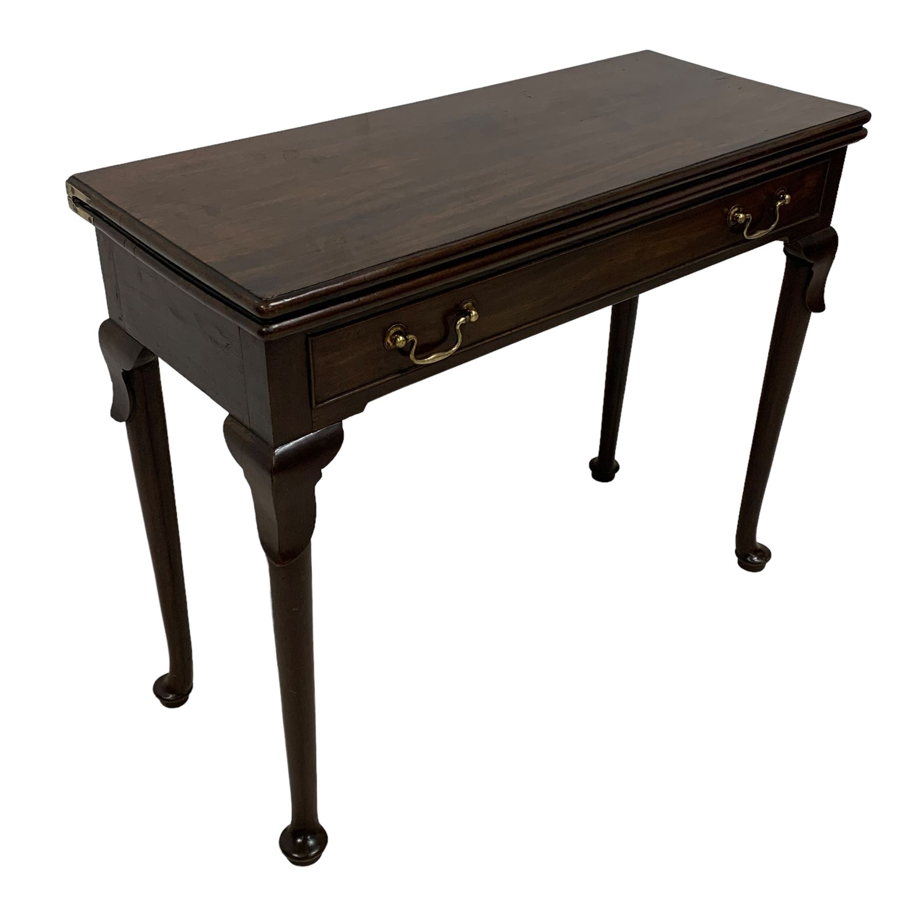 George III mahogany card table, moulded rectangular fold-over top revealing baize lined interior, single cocked-beaded frieze drawer with brass swan neck handles, on lappet carved cabriole supports, double gate-leg action base 