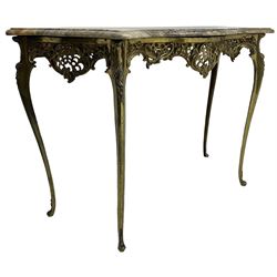 Louis XVI design serpentine front console table, shaped marble top over a cast brass base, the apron pierced and decorated with c-scrolls and foliate cartouche motifs, on cabriole supports with floral patterned knees