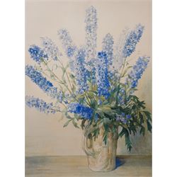 Florence Raingill Walker (British 20th century): Still Life of Blue Delphiniums in a Vase, watercolour signed 75cm x 54cm