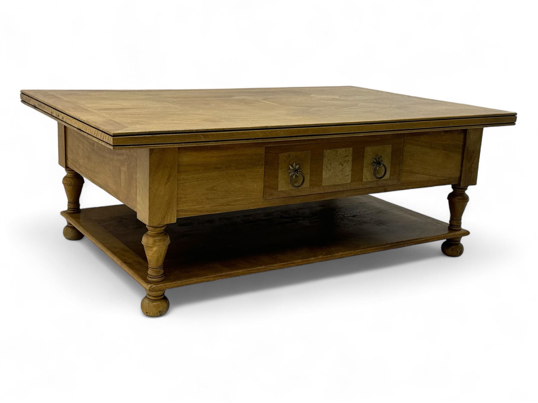 Barker & Stonehouse 'Flagstone' range mango wood coffee table, fluted rectangular top with marquetry inlay, over two drawers with turned supports connecting undertier, raised on bun feet 