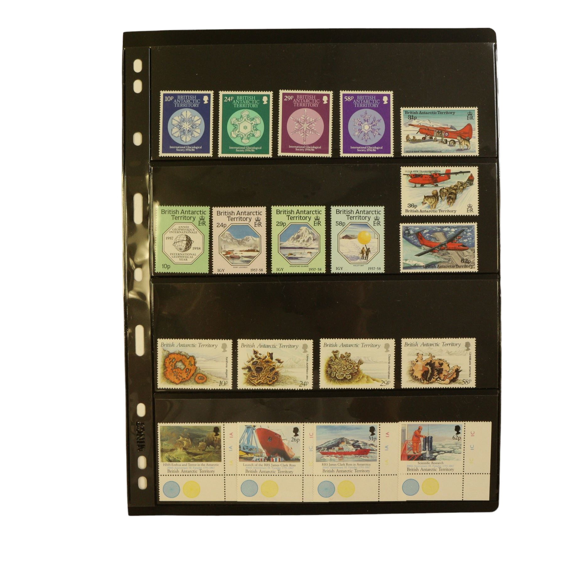 Queen Elizabeth II British Antarctic Territory mint stamps, including 1963-1969 SG 1 to 15a from half penny to both one pound values, 1993 SG 218-229 etc and a small number of Australian Antarctic Territory stamps, housed on stock pages