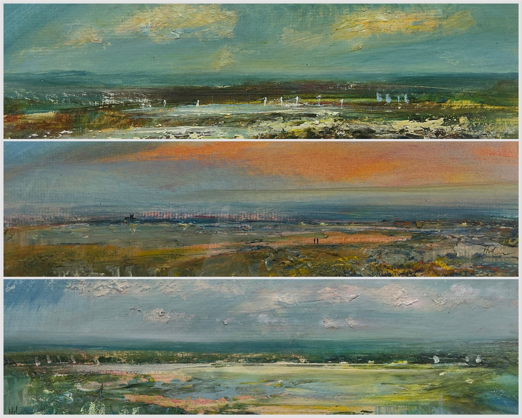 Peter Hodson (British Contemporary): Panoramic Norfolk Landscapes, three oils on board signed 12cm x 38cm (3)