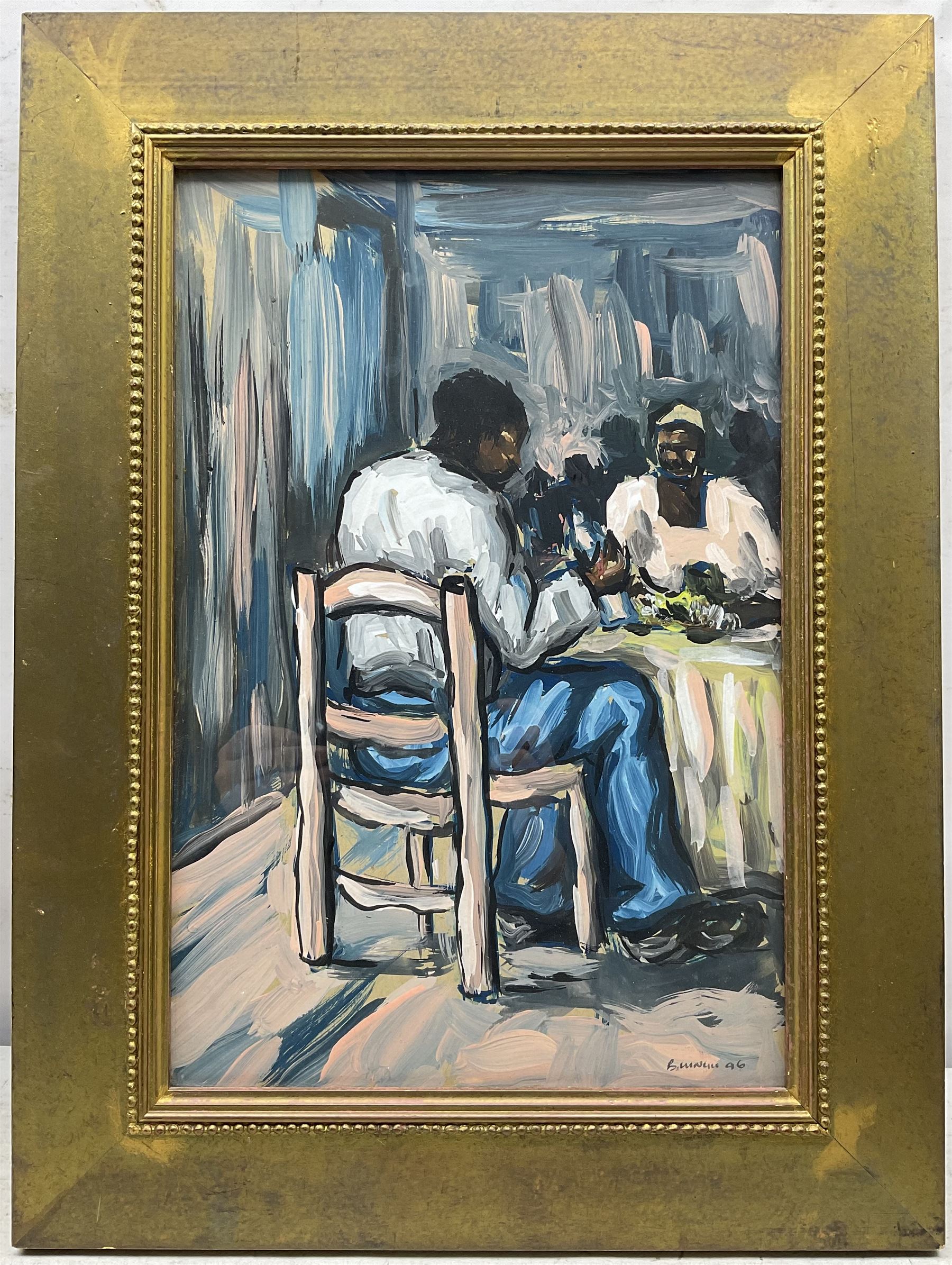 African Impressionist School (Late 20th Century): Figures in a Cafe, oil on board indistinctly signed and dated '96, 37cm x 25cm 