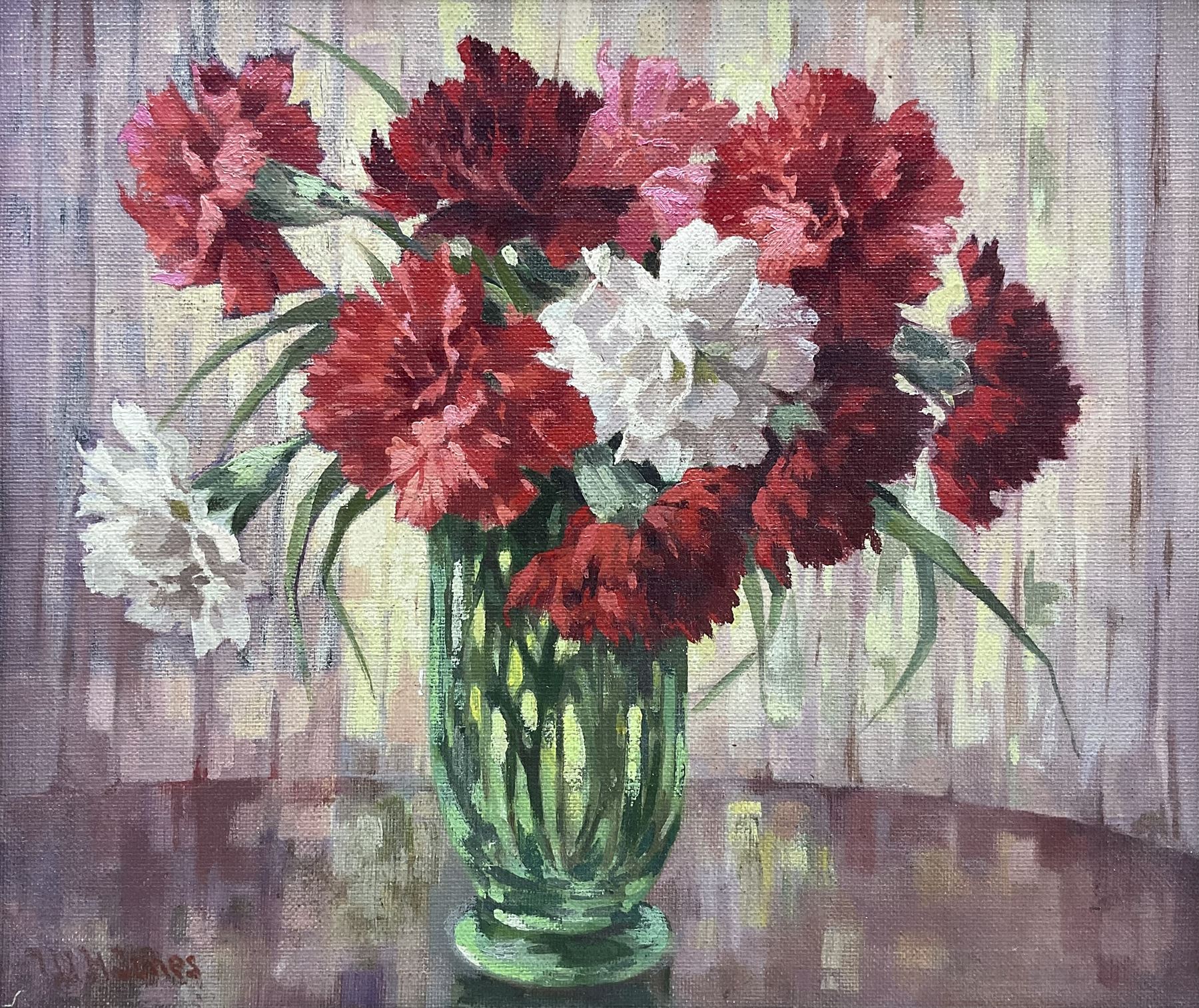 W H Jones (20th century): Still Life of Carnations, oil on canvas board signed 29cm x 34cm
Provenance: with James Starkey Galleries, Beverley, East Yorkshire