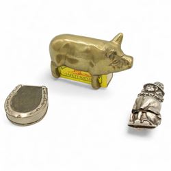 Novelty white metal vesta in the form of Punch and Judy's dog Toby, with indistinct rd. no. H5.5cm, brass matchbox holder in the form of a pig and a Victorian silver-plated horseshoe form vesta (3)