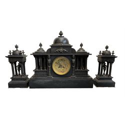 French - late 19th century Belgium slate 8-day mantle clock with conforming side temples, break front case with a central dome, recessed pilasters and a deep stepped plinth, glazed bezel with a brass dial, Arabic numerals and decorated centre, gong striking twin train movement with pendulum and key.