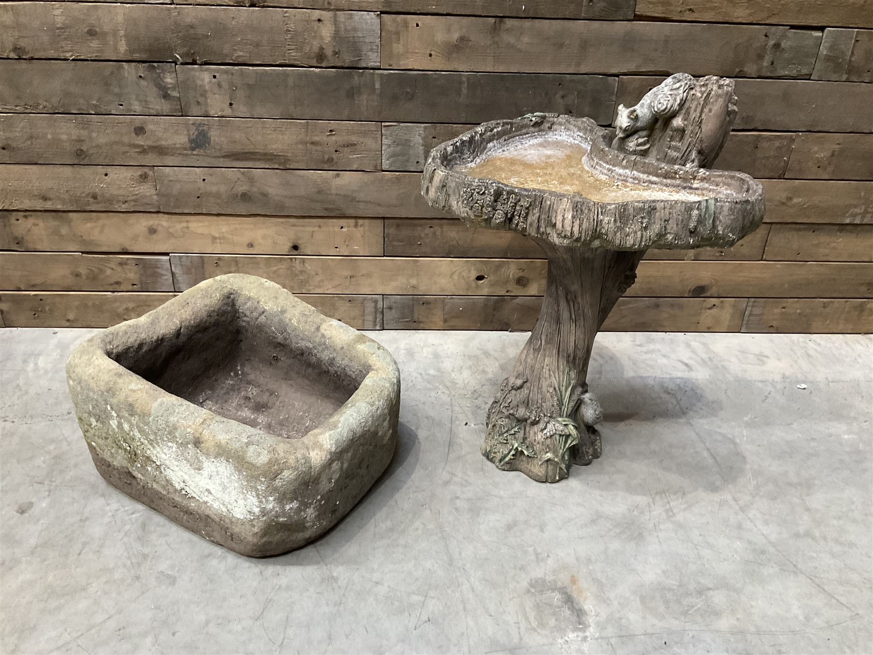 Small 19th century square stone trough and a cast stone bird bath