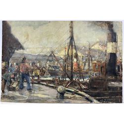 William J Mann (Scarborough mid 20th century): Steam Trawlers by the Fish Quay Scarborough, watercolour signed and dated '49, with a study of shipping verso 30cm x 45cm
Notes: Mann was a member of the Fylingdales Group of Artists and lived in Newby, Scarborough.