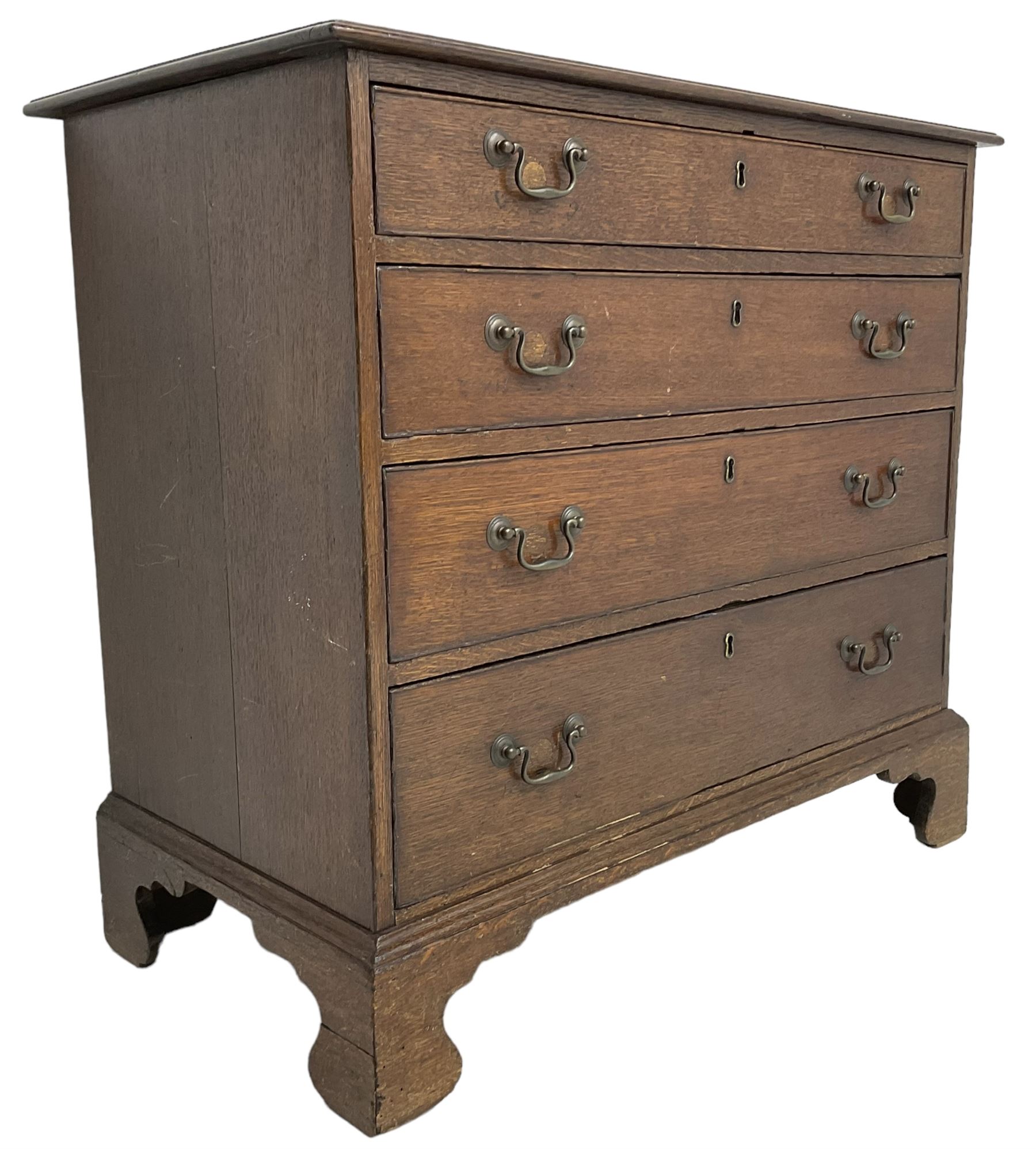 George III oak chest, moulded rectangular top over four long cock-beaded drawers, on bracket feet