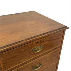 Late Victorian mahogany chest, moulded rectangular top over two short and three long graduating drawers, the drawer fronts inlaid with satinwood bands, boxwood and ebony stringing, on moulded plinth base 