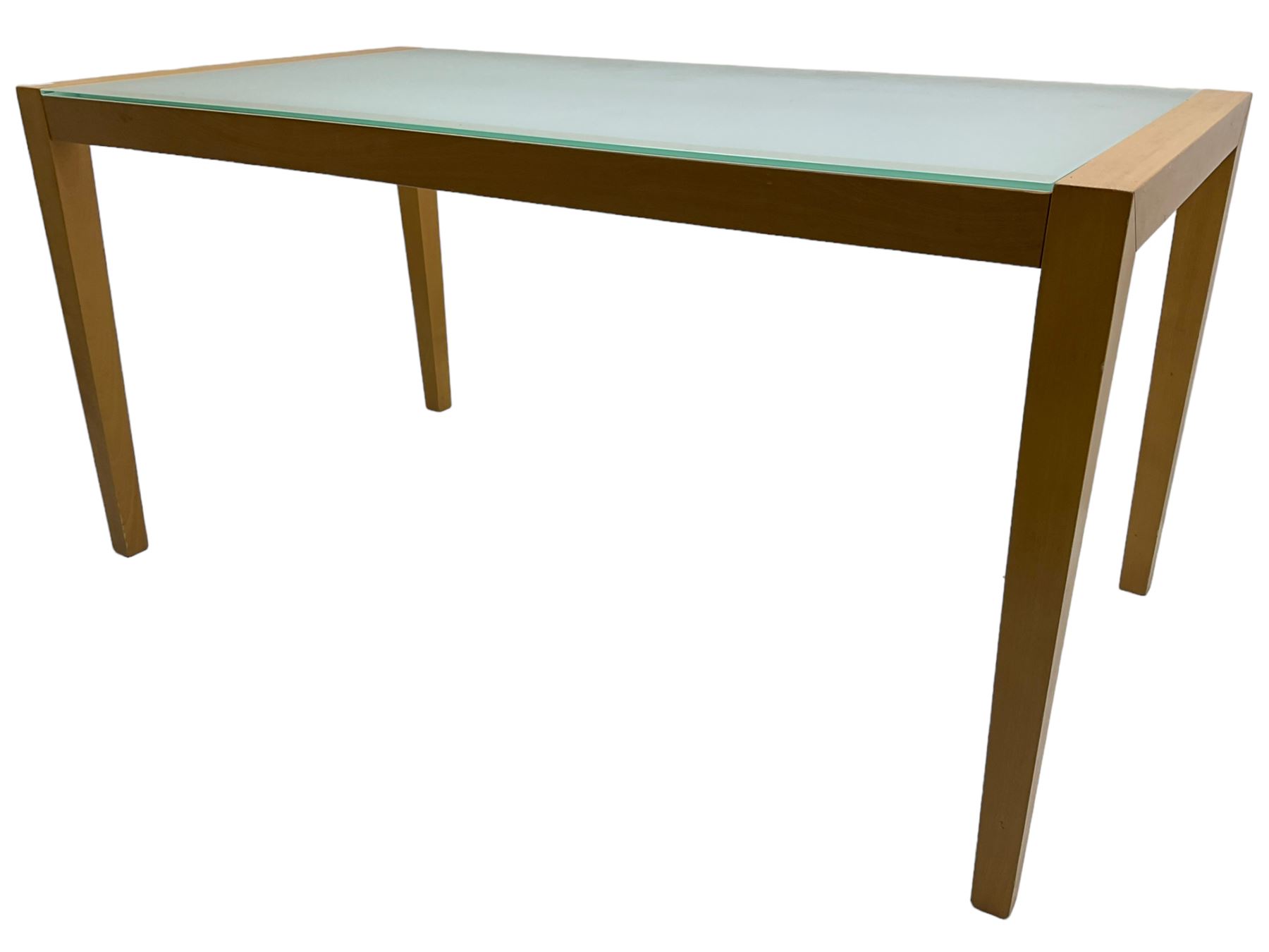 Contemporary beech framed dining table, rectangular frosted glass top on beech frame, square tapering supports