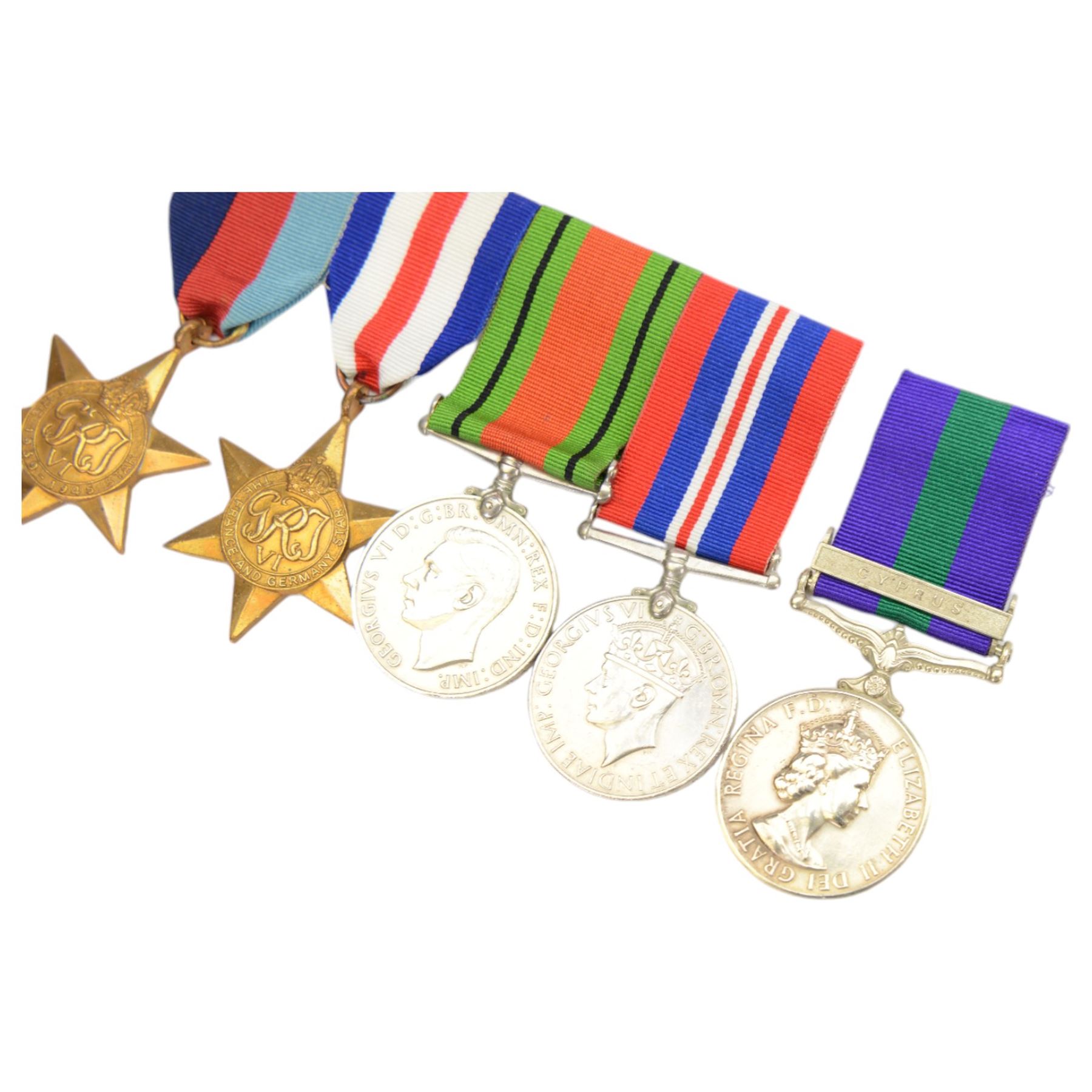 WWII group of four medals comprising 1939-49 star, France and Germany Star, Defence medal, Defence medal, on wearing bar and British Army General Service Medal with clasp for Cyprus awarded to 22598118 Sgt G.S Brierley Para regiment