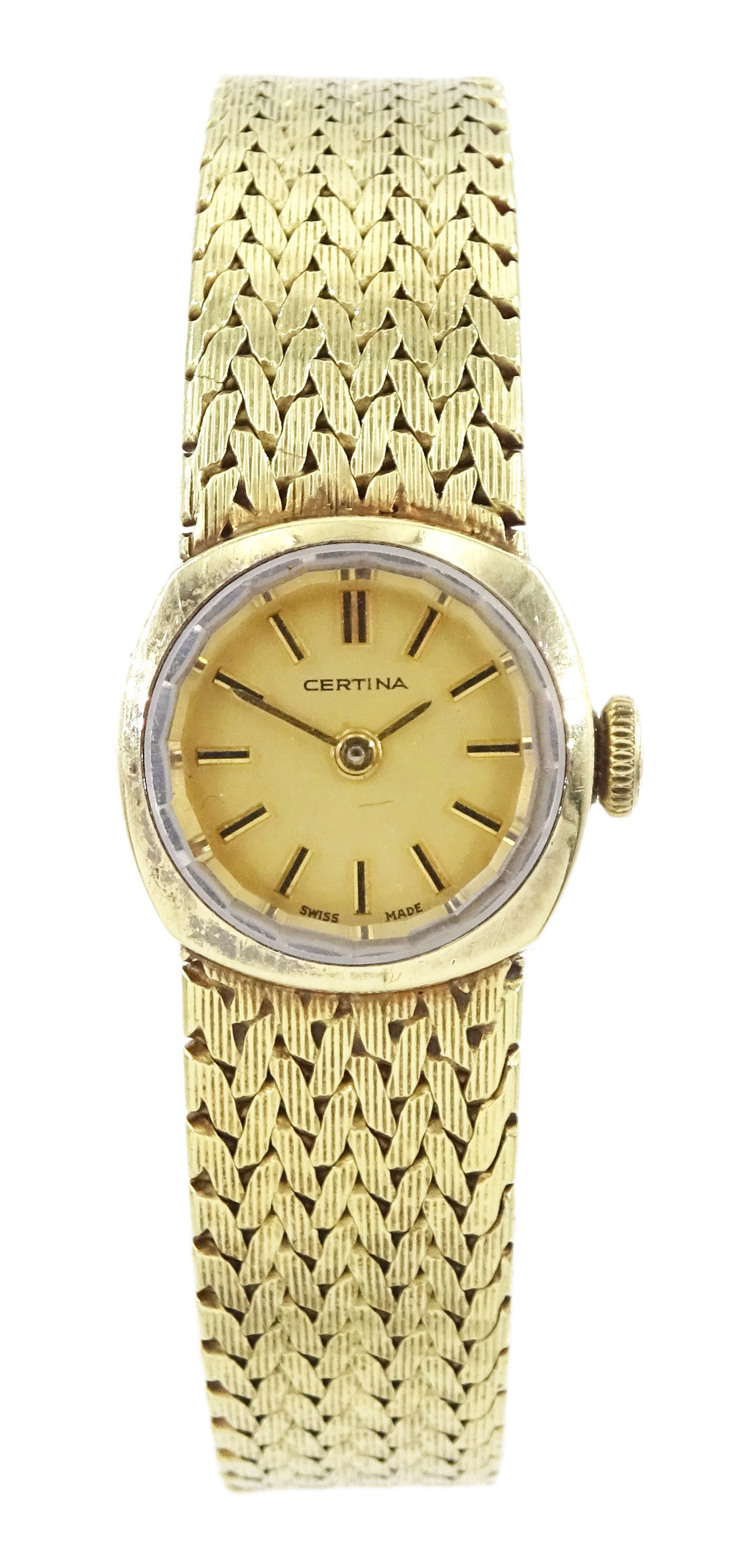 Certina ladies 14ct gold manual wind wristwatch, champagne dial with baton hour markers, on integral 14ct gold bracelet