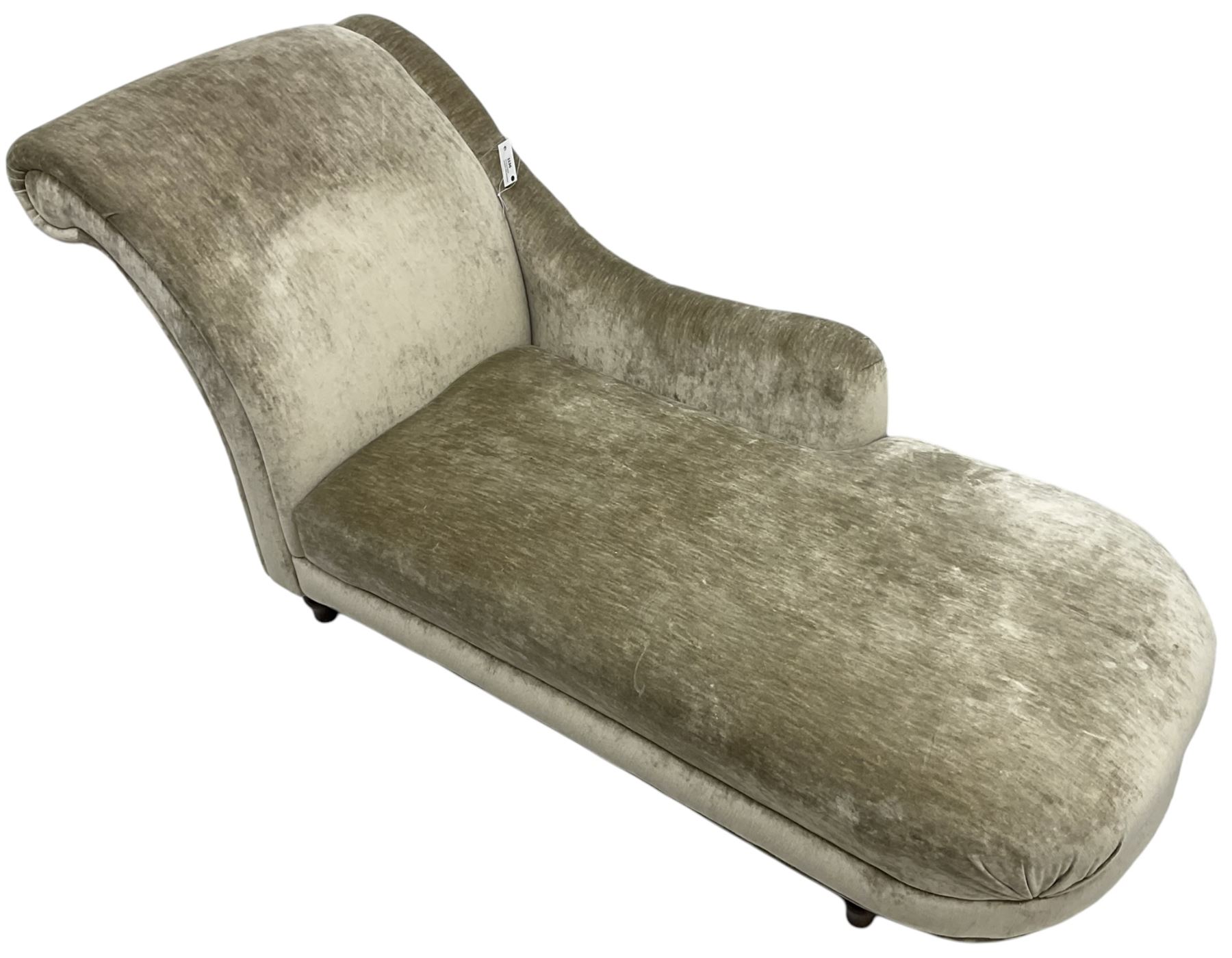 Contemporary chaise longue with scrolled back, upholstered in champagne crushed velvet, on turned feet