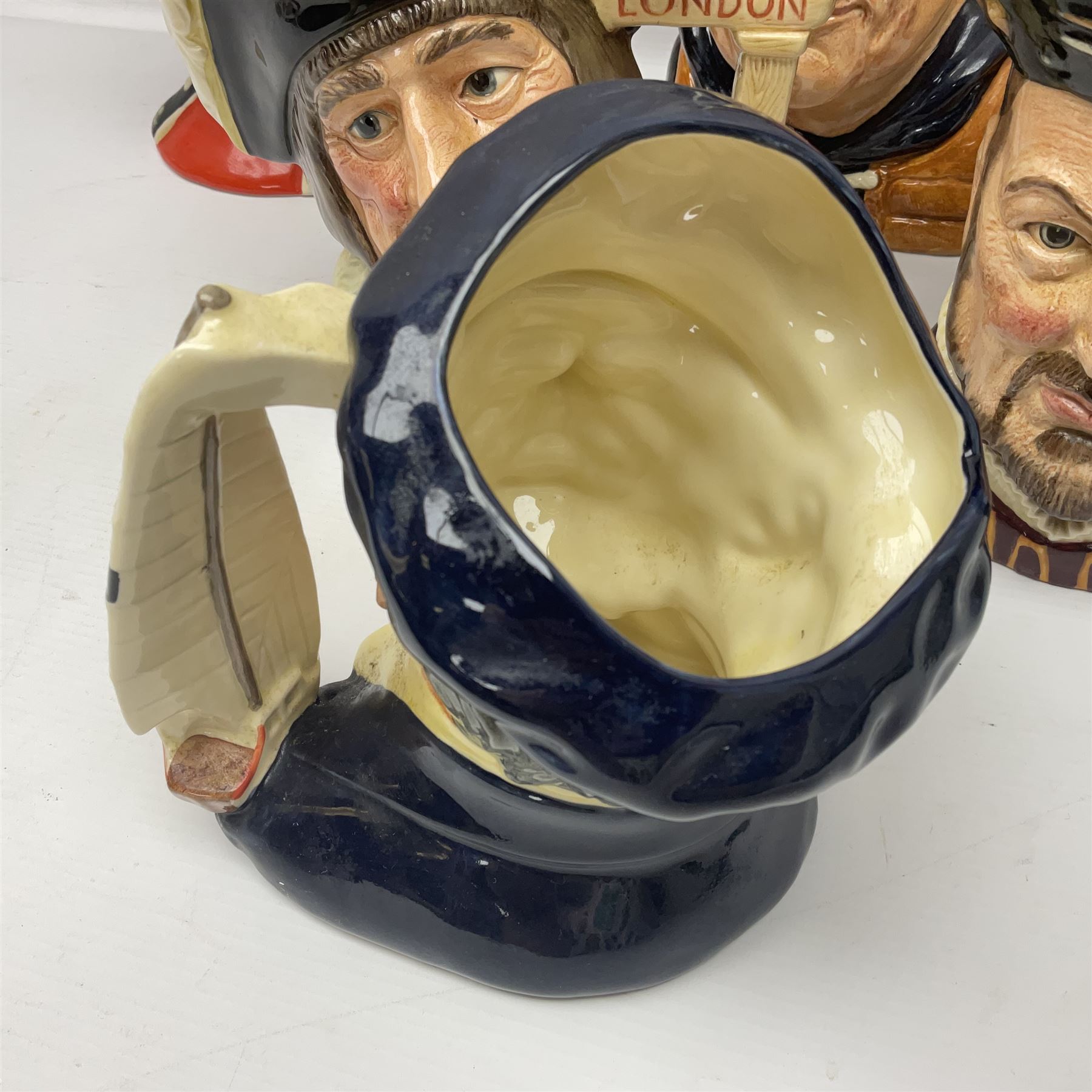 Six Royal Doulton character jugs, including Pearly King D6760, Henry VII D6642, Yachtsman D6820 etc 