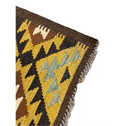 Chobi Kilim multi-colour runner rug, the field decorated with geometric lozenges in contrasting shades on brown ground