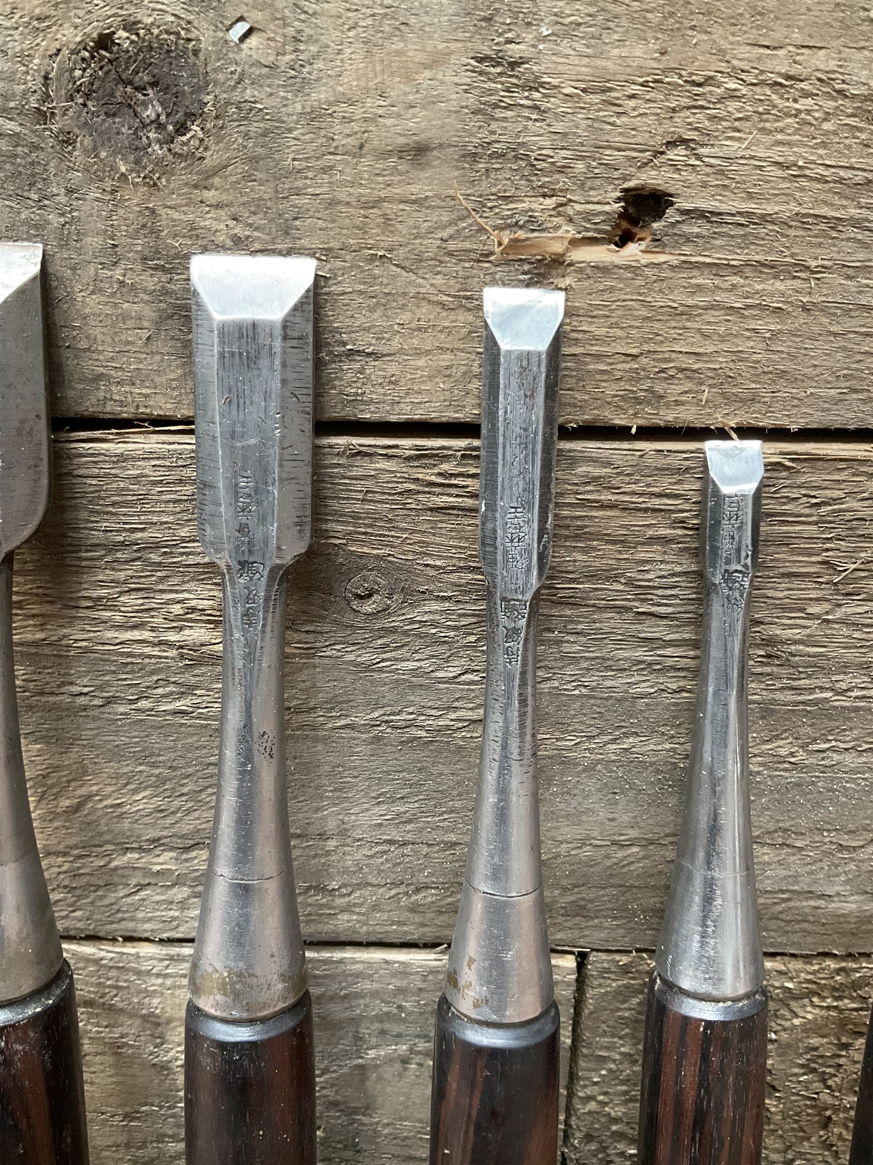 Set of eight Japanese handmade carpenters chisels with rosewood handles, stamped blades - THIS LOT IS TO BE COLLECTED BY APPOINTMENT FROM DUGGLEBY STORAGE, GREAT HILL, EASTFIELD, SCARBOROUGH, YO11 3TX