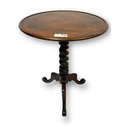 Victorian mahogany tripod table, dished circular top on spiral turned column, three splayed supports with scrolled terminals 