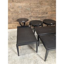 Three rectangular ebonised coffee tables and three circular tables