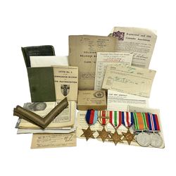 WWII group of six medals comprising 1939-45 Star, The Africa Star, The Italy Star, France and Germany Star, Defence Medal and War Medal 1939-45, awarded to 7899181 RAC C.W Hughes, together with two chevrons and ephemera relating to Charles William 'Bill' Hughes including Soldier's Release Book, photographs, certificates of transfers etc 