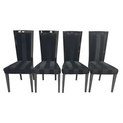 Set of four contemporary ebonised high back dining chairs, upholstered in black velvet fabric