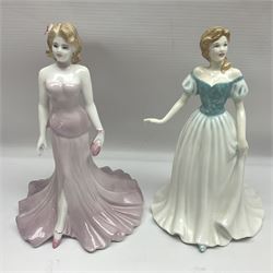 Three Royal Doulton figures, comprising Anna HN4391, Kirsty HN2381 and Deborah HN4468, together with a similar Coalport figure and ten smaller Coalport figures (14)