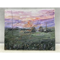 Paula Seller (Northern British Contemporary): 'Rural Sunset', acrylic on canvas signed with monogram and dated 2021, titled verso 41cm x 51cm (unframed)