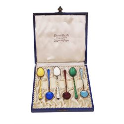 Set of six Danish silver-gilt guilloche enamel coffee spoons, stamped Denmark Sterling, with Birmingham import marks for SJ Rose and Son, in fitted case