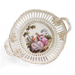 Set of six 19th century Berlin octagonal plates and a pair of two handled baskets, with pierced designs and decorated with couples in landscapes, plates D21cm, baskets, D23cm (8)