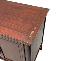 Pair of early 20th century Chinese red lacquered elm storage cupboards, rectangular top over two panelled doors, fitted with two internal drawers, on square supports with curved outer edge, panelled sides