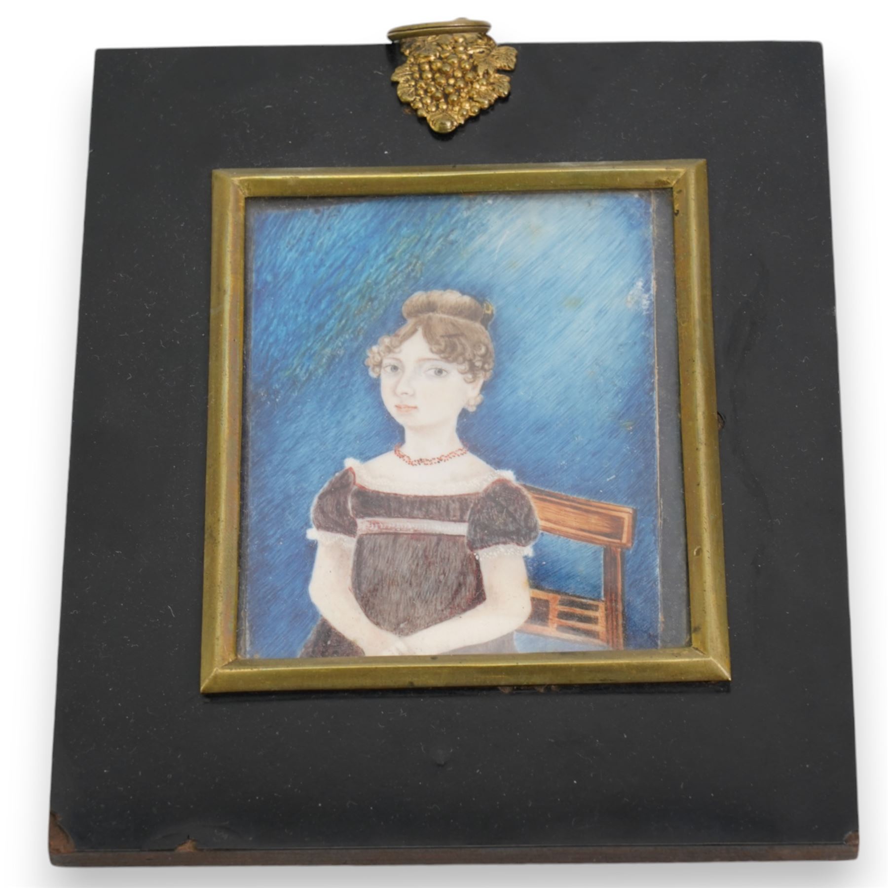 English School (Early 19th century): Portrait of 'Jane Duggleby (1809-1898) aged 12' seated and wearing an empire waist gown, miniature watercolour on ivory unsigned, inscribed verso 15cm x 22cm. This item has been registered for sale under Section 10 of the APHA Ivory Act