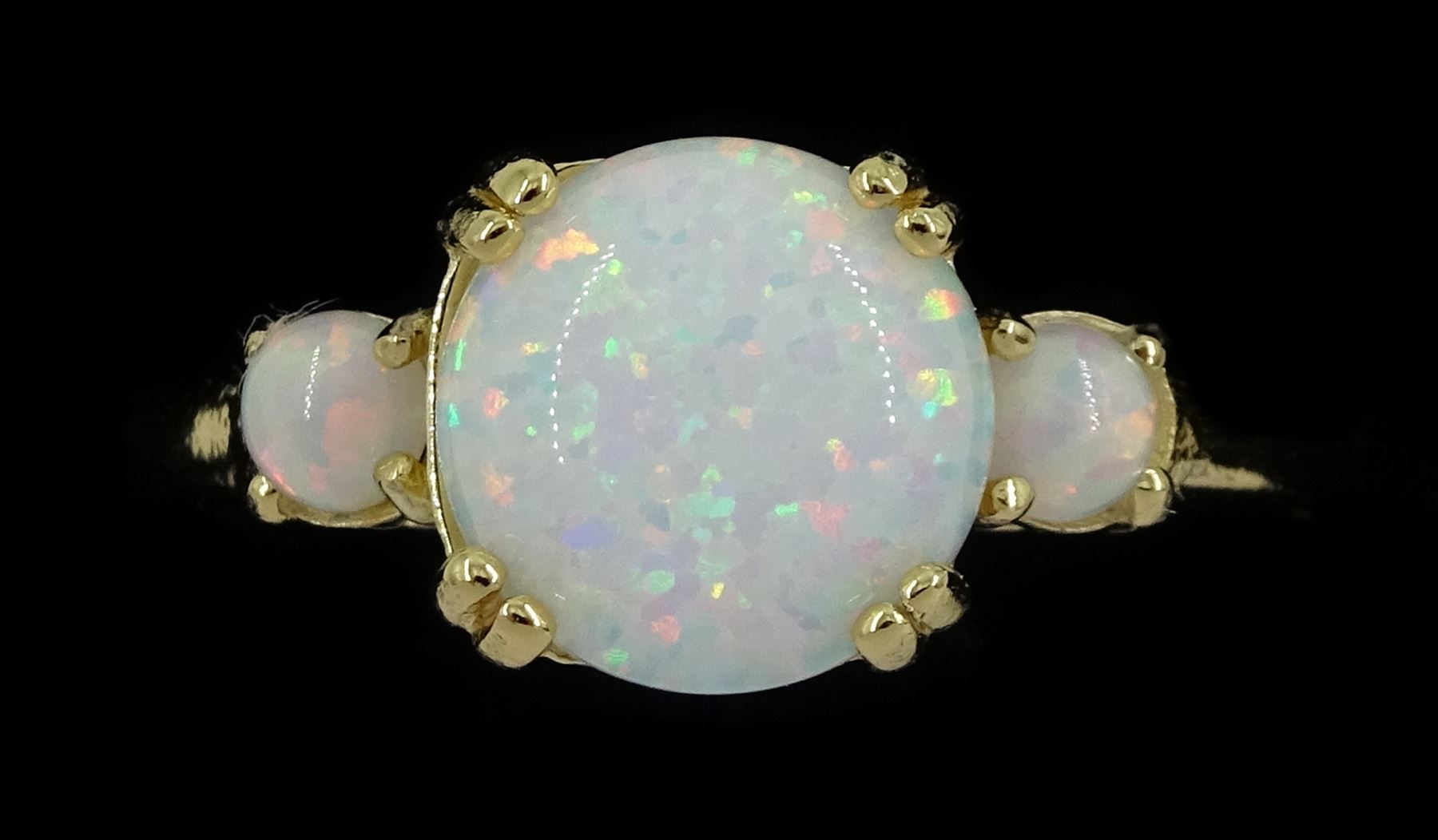 Silver-gilt three stone opal ring, stamped 925