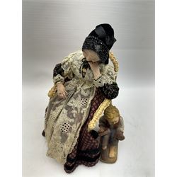 Anna Meszaros (Hungarian 1905-1998): 'My Great Granny', handmade needlework figurine, together with small plaster cast of a young boy by the same artist, granny H30cm
Auctioneer's Note: Anna Meszaros came to England from her native Hungary in 1959 to marry an English businessman she met while demonstrating her art at the 1958 Brussels Exhibition. Shortly before she left for England she was awarded the title of Folk Artist Master by the Hungarian Government. Anna was a gifted painter of mainly portraits and sculptress before starting to make her figurines which are completely hand made and unique, each with a character and expression of its own. The hands, feet and face are sculptured by layering the material and pulling the features into place with needle and thread. She died in Hull in 1998