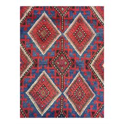 Pashtun Meshwani ground runner, central field decorated with rows of multicoloured diamond medallions, surrounded by geometric motifs, wide red and blue striped border with additional guard bands