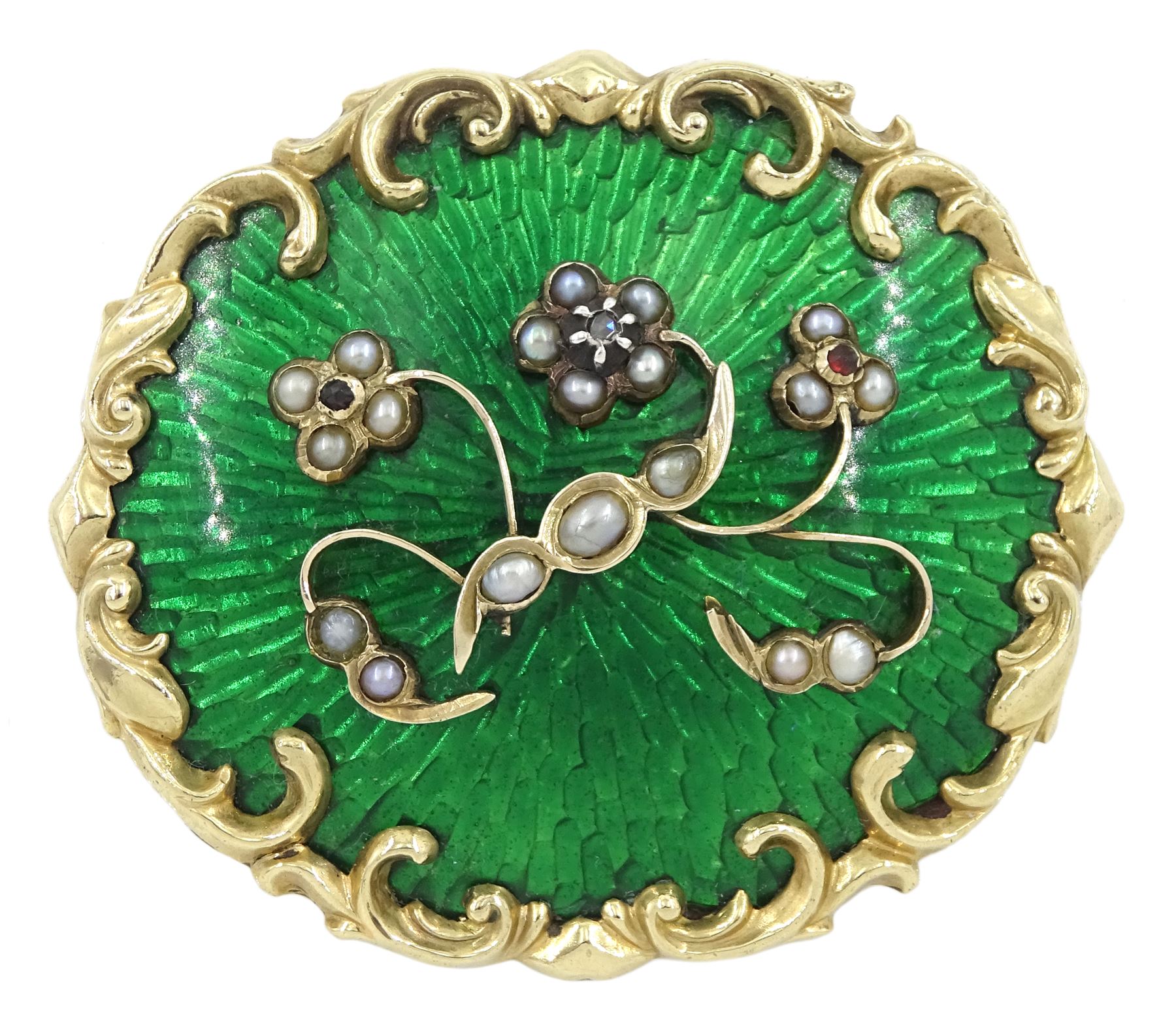 19th century 9ct gold green guilloche enamel and seed pearl brooch, decorated with a floral spray set with seed pearls, garnets and a diamond, with glazed locket back containing woven hair