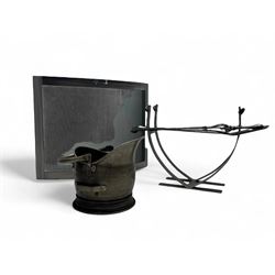 Burnished metal fire set - curved spark guard (W77cm, H60cm); log basket; companion set; helmet coal bucket 