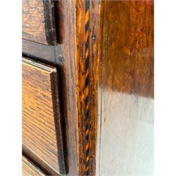 George III oak chest, rectangular top over frieze with inlaid with inscription panels 'Mary Rees' and fan motifs, frieze drawer over two short and three long graduating drawers, fitted with brass swan-neck handles and oval escutcheons, on bracket feet