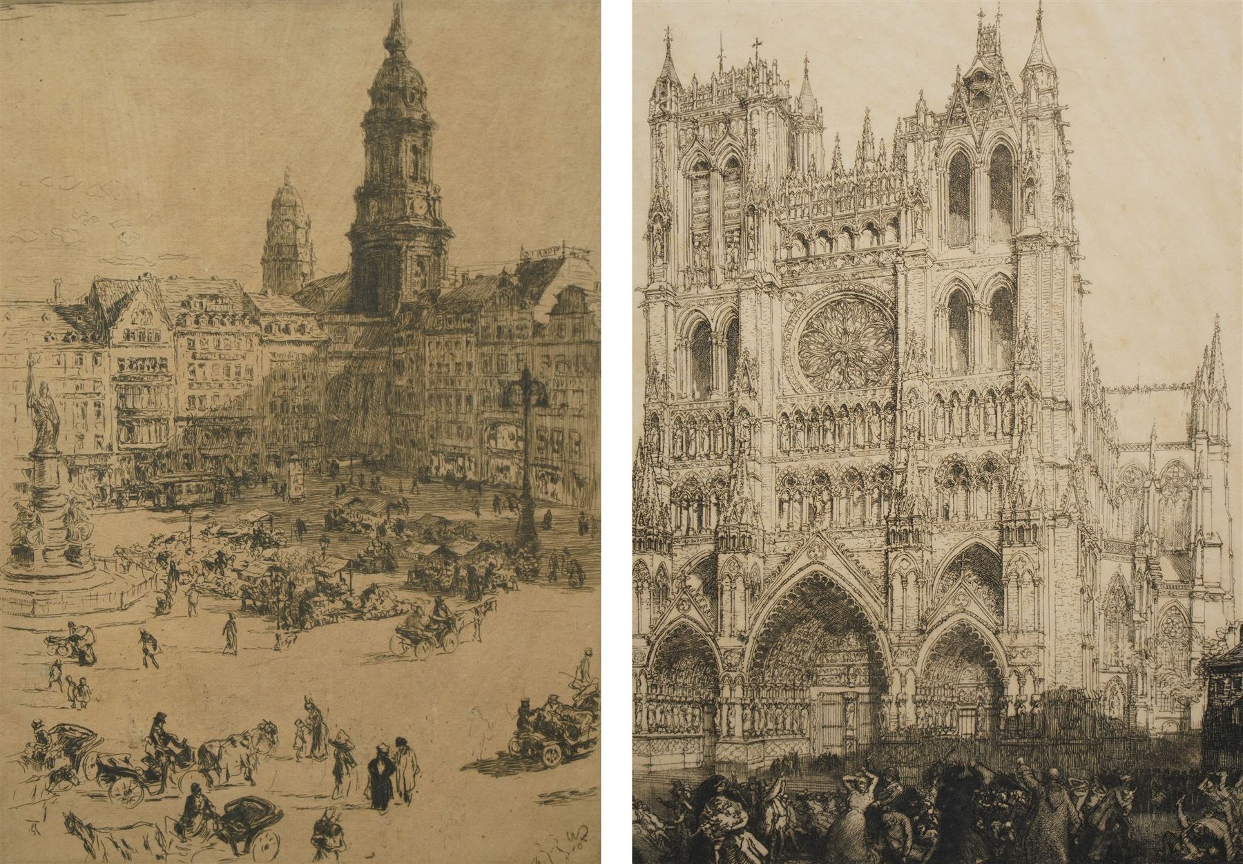 August Louis Lepere (French 1849-1918): 'Amiens Cathedral', drypoint etching signed in pencil 38cm x 26cm; Walter Zeising (German 1876-1933): Dresden Market - Germany, drypoint etching signed in pencil 29cm x 20cm (2)