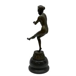 After Claire Jian Robertine Colinet (1880-1950); Art Deco style bronze, modelled as a dancing nude figure upon a marble base, H22cm