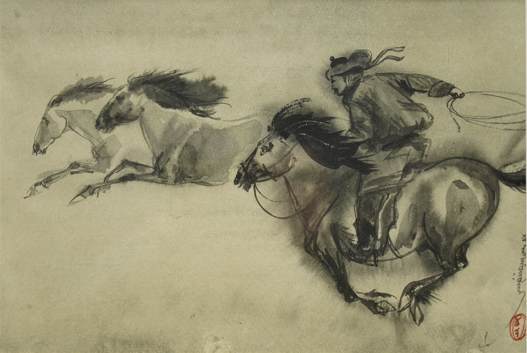 Chinese School (20th Century): Rider in Pursuit, watercolour bearing inscriptions 19cm x 27cm