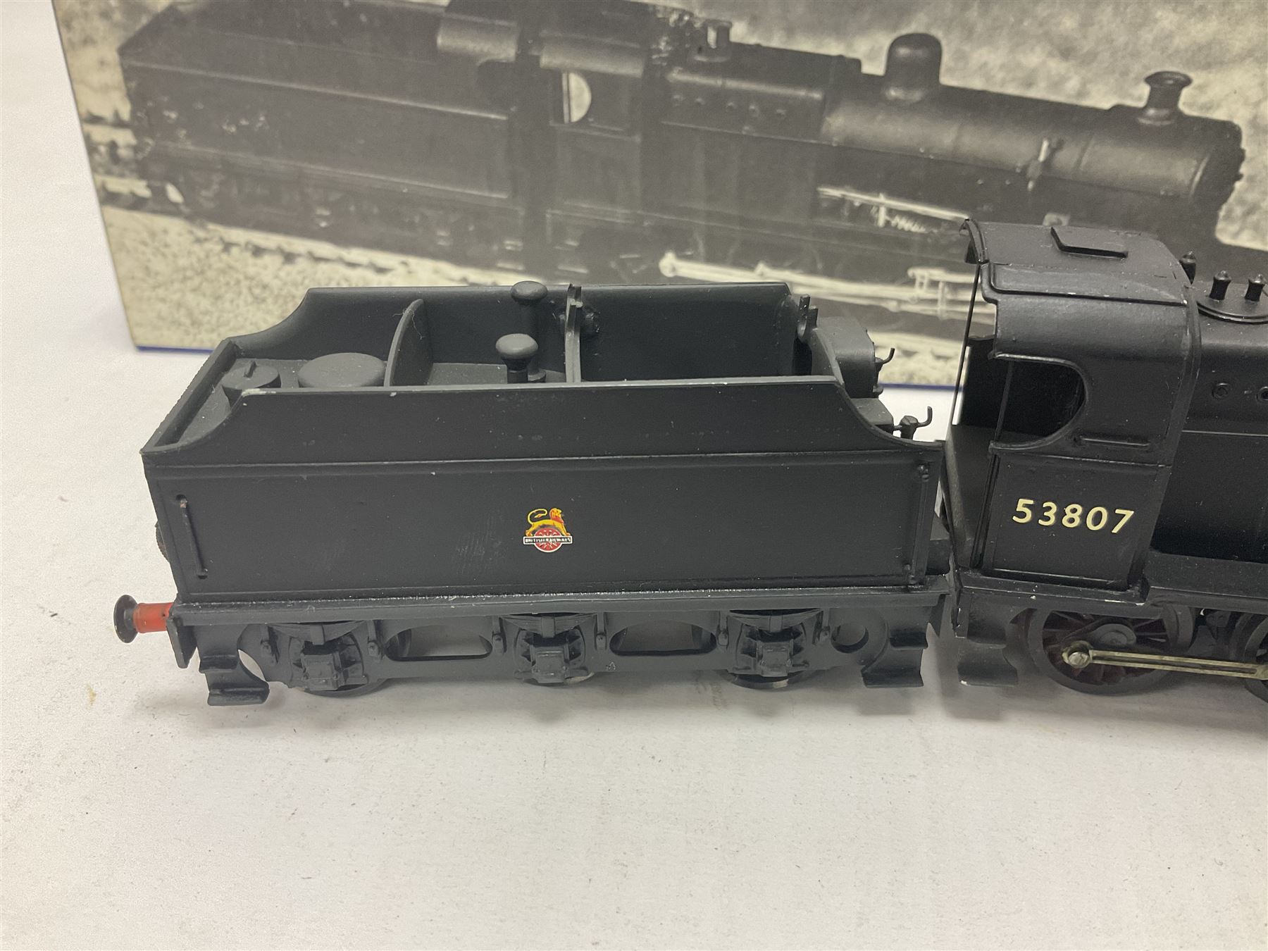 ‘00’ gauge - kit built S&DJR/LMS/BR 2-8-0 no.53807 steam locomotive and tender, finished in BR black with DJH Models box; with further kit built Standard Class 9F 2-10-0 steam locomotive and tender no.92026 finished in BR black (2) 